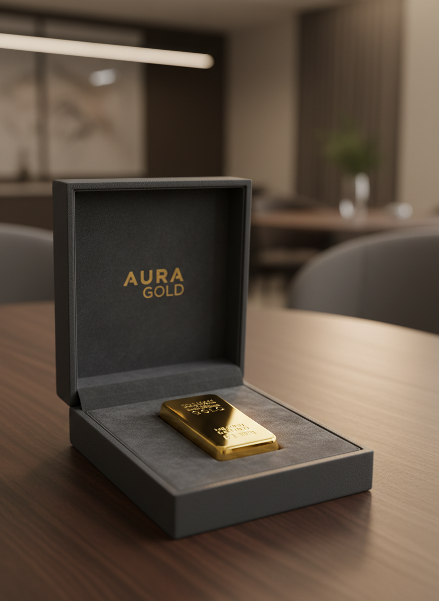 An open, velvet-lined presentation box in deep charcoal grey, showcasing a single, immaculate gold bar nestled precisely in its custom cutout. The bar’s surface is mirror-smooth with finely etched certification details and the Aura Gold logo subtly embossed. The box rests on a polished dark walnut table, with a blurred background hinting at a minimalist, high-end office interior. Warm, directional lighting from the side creates luxurious reflections on the gold and soft gradients on the velvet. Shot at eye level with the box slightly off-center following the rule of thirds, the mood is sophisticated and reassuring, emphasizing certified authenticity and secure ownership in a modern photographic style.