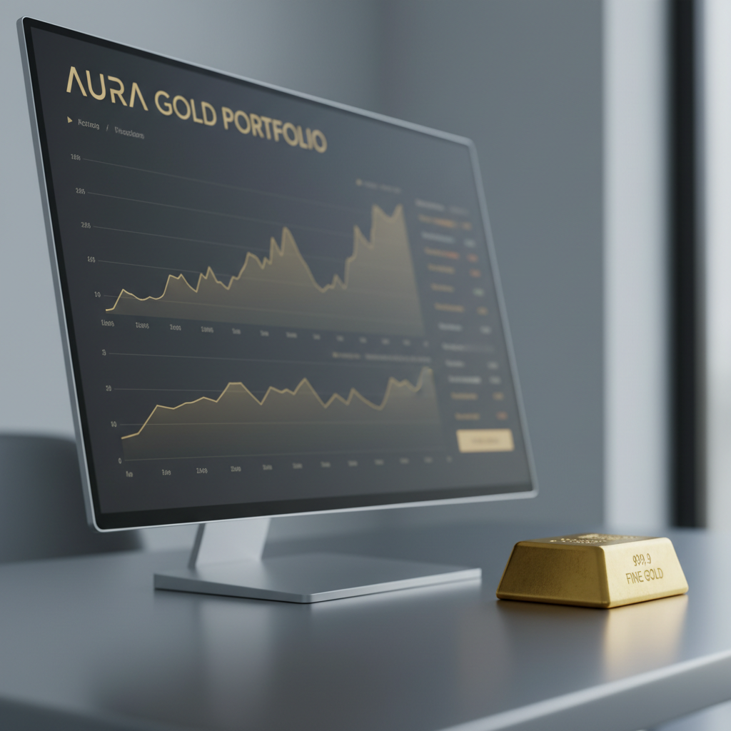 An ultra-clean digital investment dashboard displayed on a slim, frameless monitor placed on a brushed aluminum desk, with a single, solid gold ingot acting as a paperweight beside it. The screen, slightly out of focus, shows tasteful line graphs and portfolio metrics in muted gold and charcoal tones, while the gold ingot is in razor-sharp focus, its hallmarks clearly defined. Cool, diffused office lighting reflects gently off the metal surfaces and the monitor’s edge. Shot from a low, side angle, the composition uses a shallow depth of field to contrast tangible gold with digital data. The atmosphere is modern, precise, and quietly luxurious, in a realistic photographic style that underscores Aura Gold’s blend of traditional assets and contemporary, transparent portfolio management.