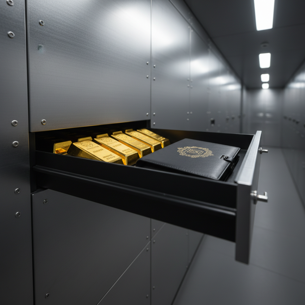A secure vault interior focusing on a sleek, matte-black safety deposit drawer partially open to reveal neatly aligned certified gold bars and a slim portfolio of documentation with embossed gold lettering. The vault walls are constructed from brushed steel panels with subtle texture, receding into soft blur. Cool, controlled overhead lighting highlights the sharp geometry of the metal and creates a dignified glow on the exposed gold surfaces. Shot from a low, three-quarter angle to emphasize depth and structure, the composition uses leading lines from the vault corridors to draw the eye toward the gold. The atmosphere is calm, highly professional, and reassuring, rendered in crisp photographic realism that communicates security, trust, and long-term wealth preservation.