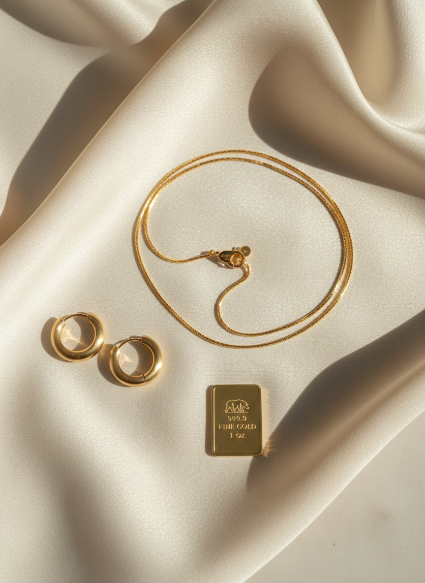 A close-up of an elegant gold jewelry flat lay: a fine-link gold chain necklace, a pair of minimalist hoop earrings, and a slim investment-grade gold pendant, all arranged with deliberate precision on a smooth cream-colored silk fabric. The silk forms gentle folds that catch the light, while the polished gold surfaces exhibit subtle reflections and delicate details. Soft, diffused daylight enters from the left, creating a gentle glow and faint, feathered shadows. The background remains uncluttered, with a slightly blurred edge where the fabric meets a pale stone surface. Captured from a bird’s-eye view with balanced composition, the photographic realism aesthetic feels refined, calm, and timeless, perfectly suited to luxury jewelry intended both for adornment and enduring value.