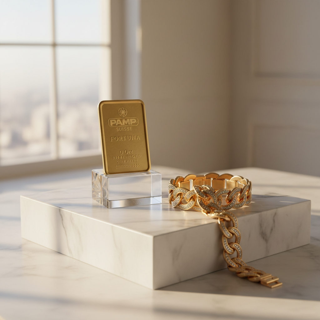 A refined product showcase of a matching gold bar and luxury bracelet set displayed on a minimalist pedestal made of white Carrara marble with subtle grey veining. The gold bar stands upright in a clear crystal holder, its stamped certifications sharply legible, while the bracelet drapes gracefully across the marble’s edge, catching points of light. Soft golden hour lighting from a large, unseen window washes the scene, producing warm highlights and delicate elongated shadows. The background is an out-of-focus gradient of champagne and ivory tones, reinforcing the sense of understated opulence. Photographed at a slightly elevated angle with a shallow depth of field, the composition is asymmetrically balanced yet harmonious, exuding a sophisticated, gallery-like, photographic aesthetic for high-end investment and adornment.