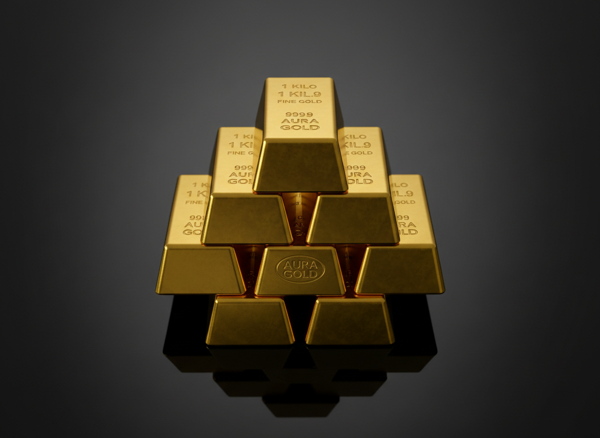 A meticulously stacked arrangement of gleaming 24k gold bars, each bar engraved with precise weight, purity, and a subtle Aura Gold hallmark, resting on a reflective black lacquer surface. Soft, controlled studio lighting from above and slightly behind creates crisp highlights along the beveled edges and rich, velvety shadows between the bars. The background fades into a dark, defocused gradient, emphasizing the luminous metal and conveying security and exclusivity. Photographed at a slightly elevated angle with a shallow depth of field, the composition is centered and symmetrical, evoking stability, trust, and long-term investment, in a clean, photographic realism style suited for a luxury financial brand.