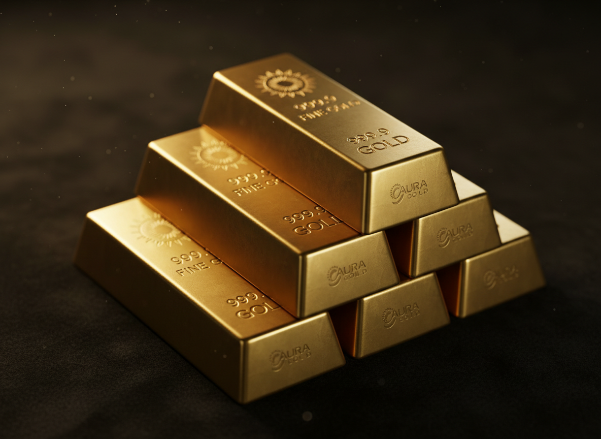 Close-up of stacked gold bars engraved with purity markings and subtle Aura Gold branding, shot in warm studio lighting on a dark background