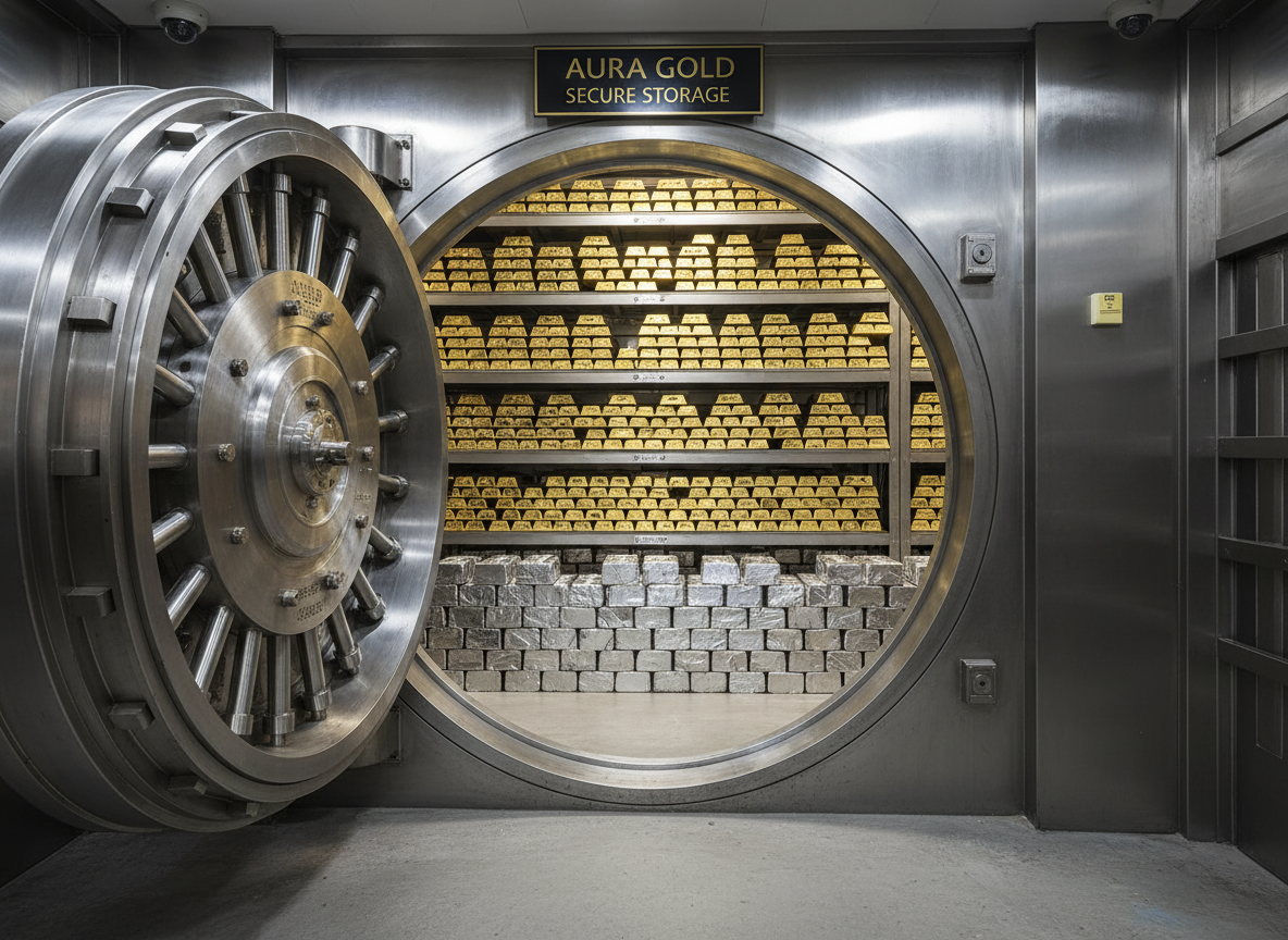 Wide shot of open secure vault door with visible stacked gold bars and silver bullion inside, representing Aura Gold secure storage