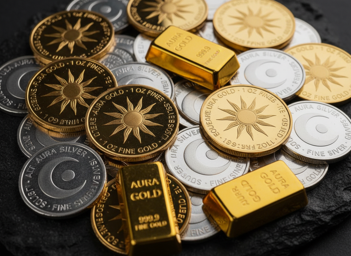 Close-up composition of mixed gold and silver coins and small gold bars, branded for Aura Gold investment products, on a dark textured background