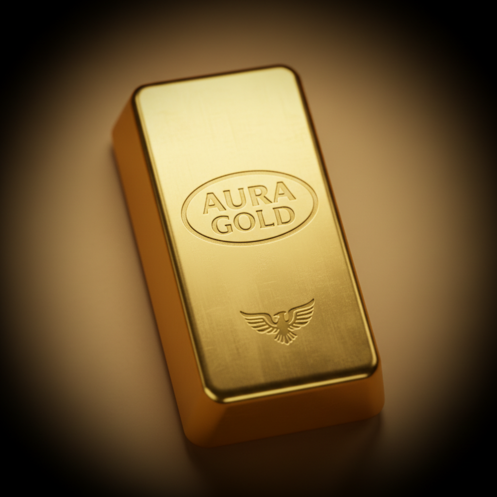 Square-cropped professional portrait-style image of a gold bar stamped Aura Gold, centered with soft vignette, suitable as testimonial avatar for an investment brand
